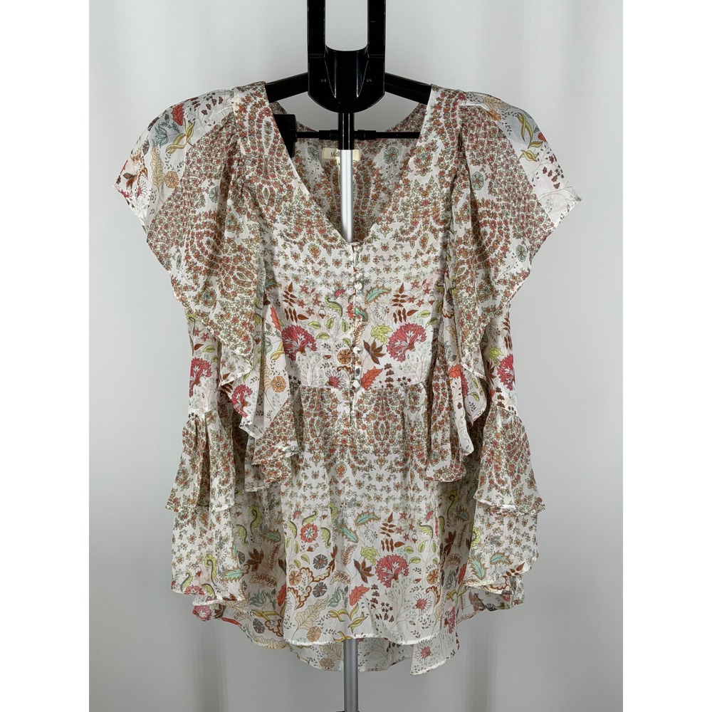 Matilda Jane Floral Ruffle Blouse Womens Medium V-Neck Tiered Boho Top Multi
